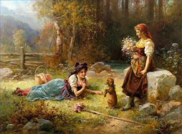 印象派 Painting - 犬と遊ぶ女の子 ハンス・ザツカ 美しい女性 女性